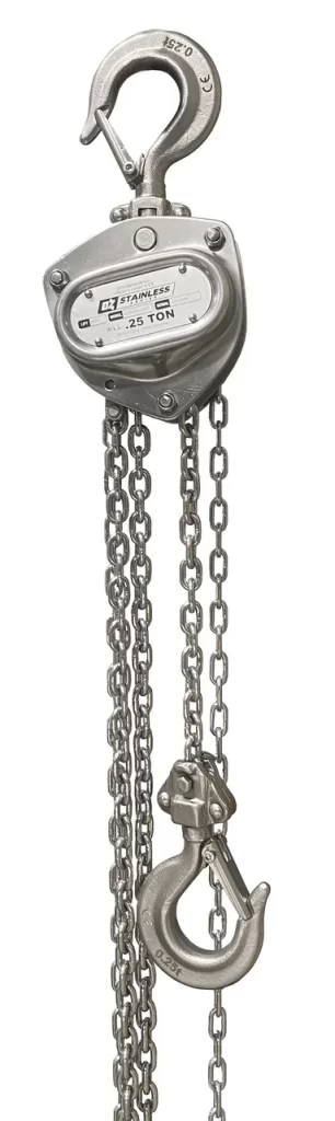 OZ Lifting’s new 0.25-ton capacity stainless steel manual chain hoist.